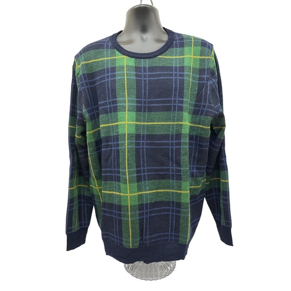 NWT Mens Sz L Club Room Merino Table Wool Blend Sweater. Navy And Green Plaid - Picture 1 of 5